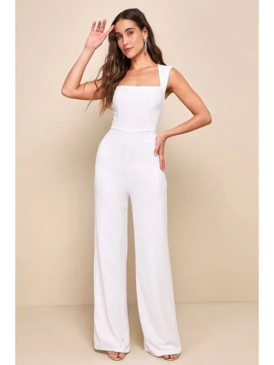 Lulus Enticing Endeavors Jumpsuit Sz Medium White Square Neck Wide Leg Bridal - Picture 2 of 8